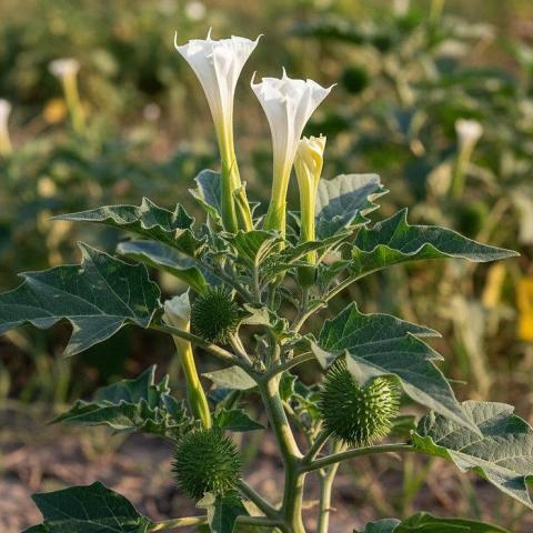 foto van doornappel, met witte bloemen en stekelige appeltjes